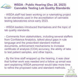 2023-12-28 - WSDA - Public Hearing - Cannabis Testing Lab Quality Standards - Summary - Takeaways
