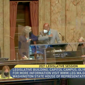 WA House - Session - Afternoon (April 24, 2021) - SB 5476 - Second and Third Reading - Jinkins-Lovick Elbow Bump