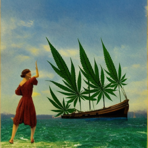 Ship with Cannabis Leaf Sails Departing