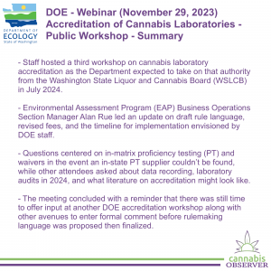 2023-11-29 - DOE - Webinar - Accreditation of Cannabis Laboratories - Public Workshop - Summary - Takeaways