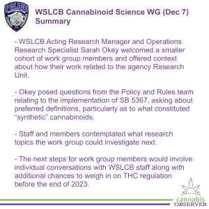 2023-12-07 - WSLCB - Work Group - Cannabinoid Science - Public Meeting - Summary - Takeaways