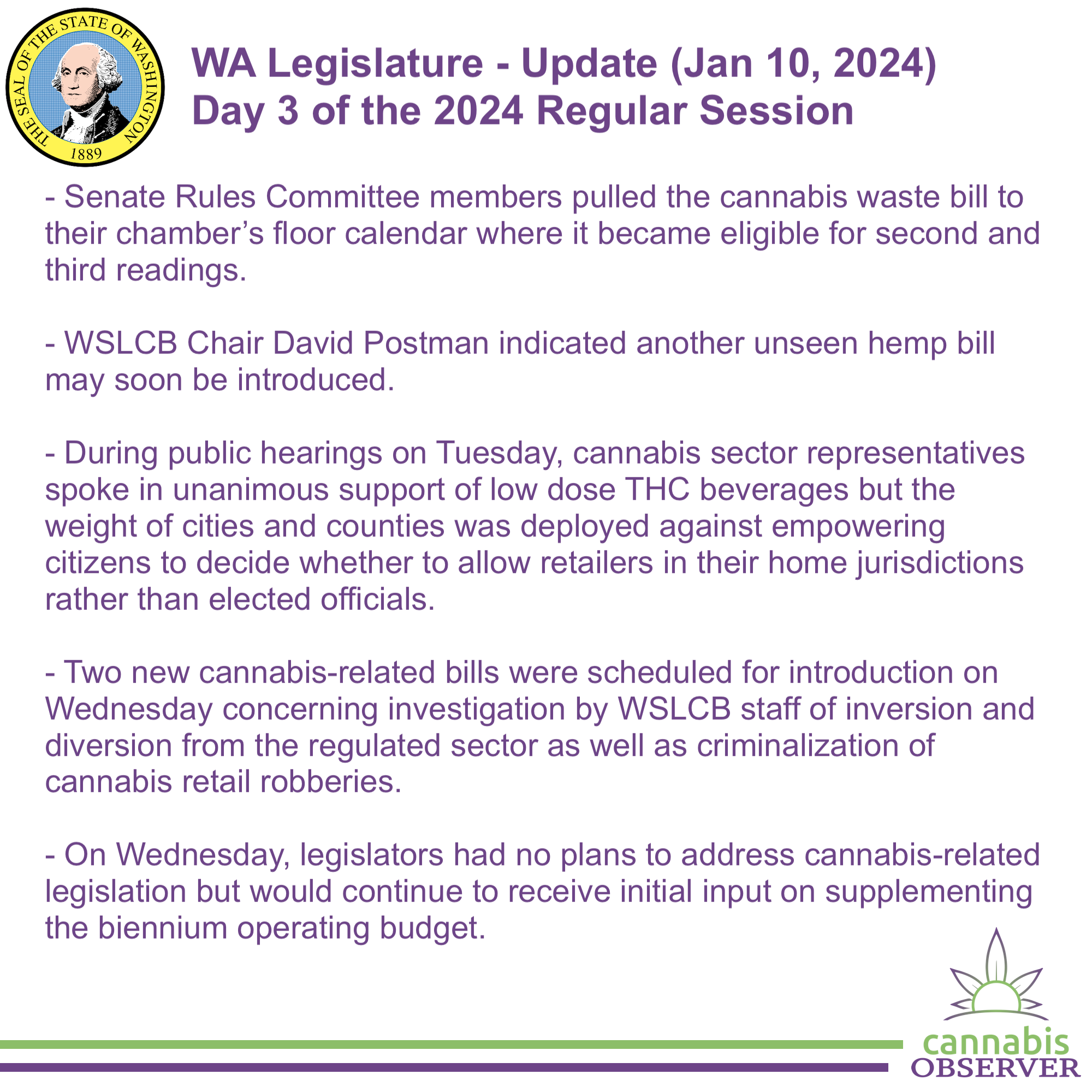 WA Legislature Update (January 10, 2024) Cannabis Observer