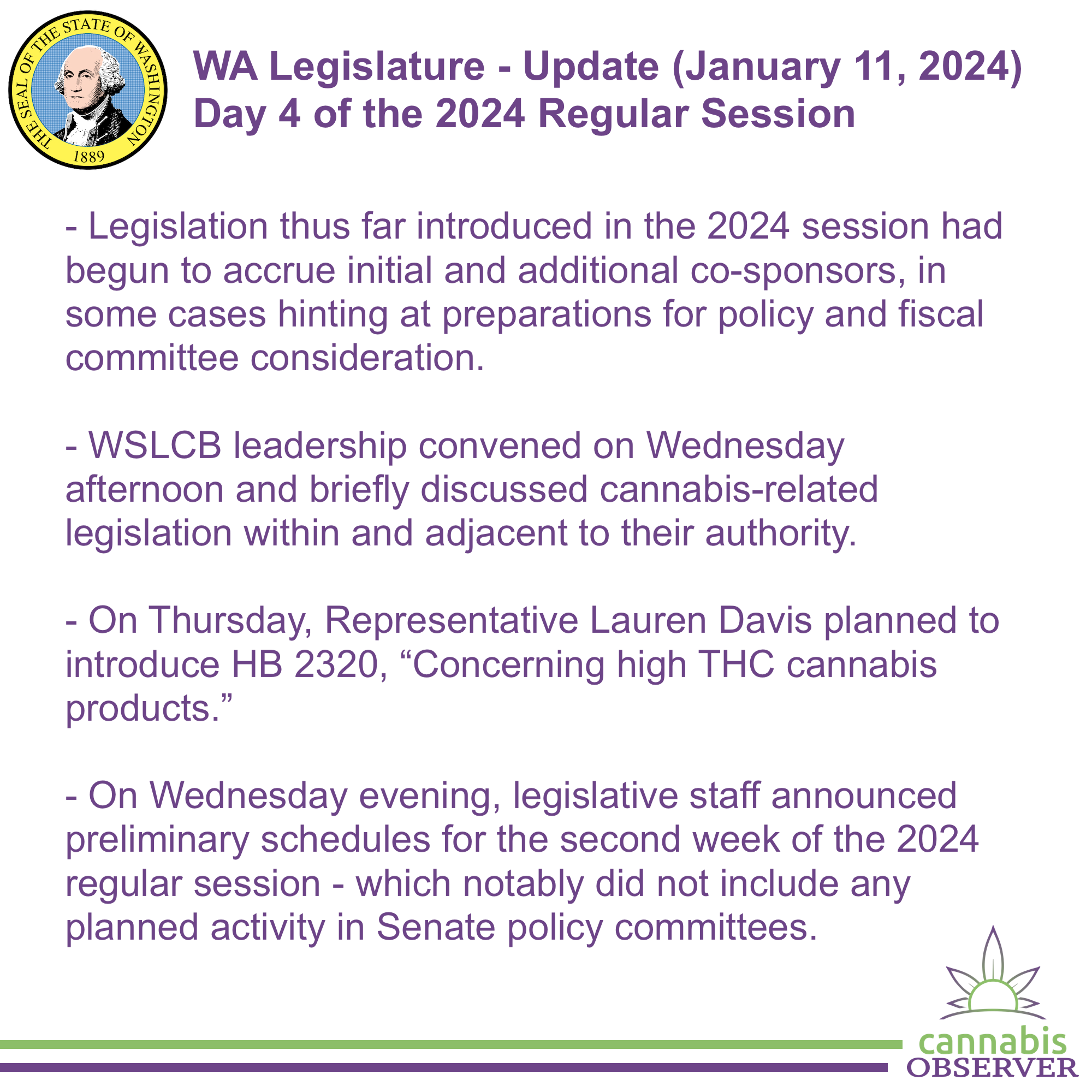 WA Legislature - Update (January 11, 2024) | Cannabis Observer