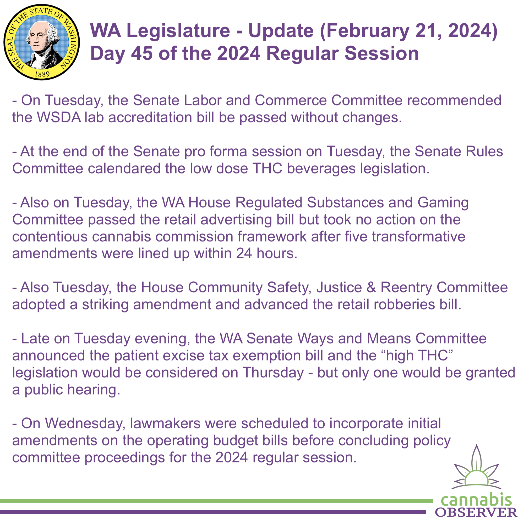 WA Legislature - Update (February 21, 2024) | Cannabis Observer