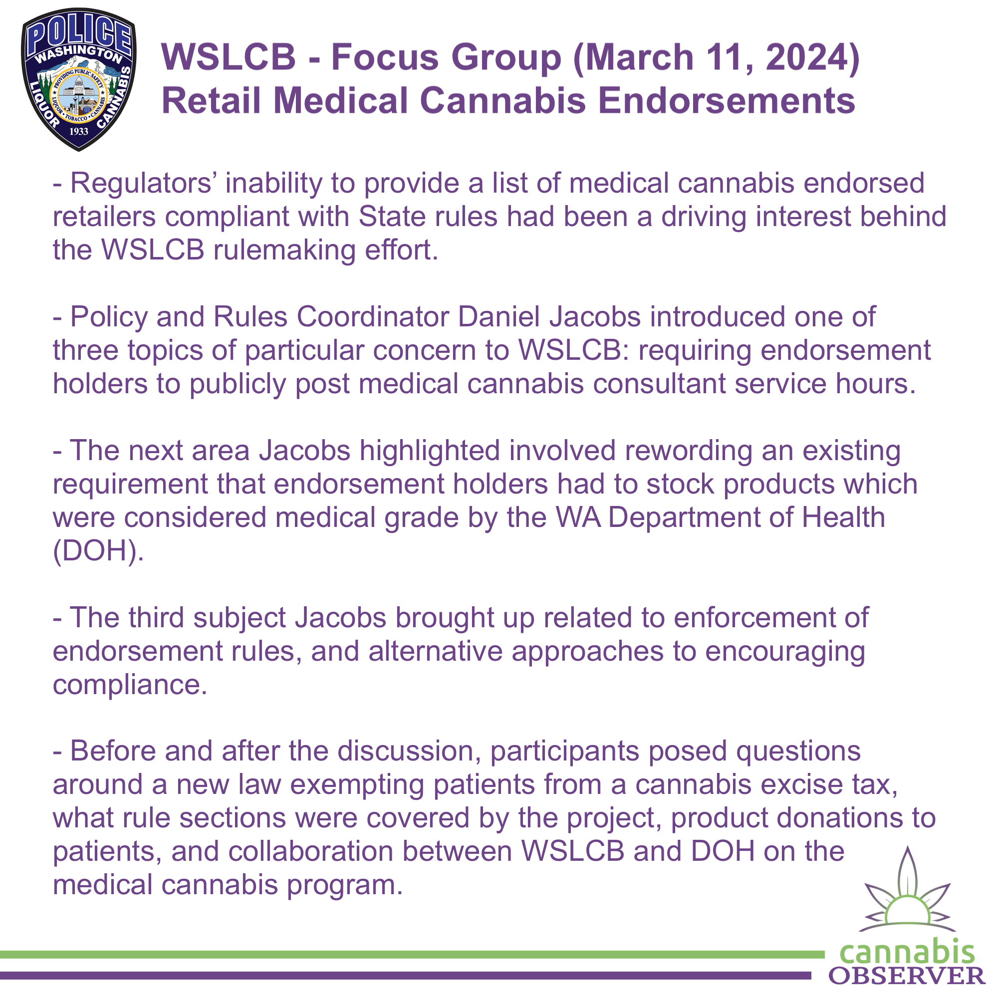 WSLCB Focus Group Retail Medical Cannabis Endorsements (March 11